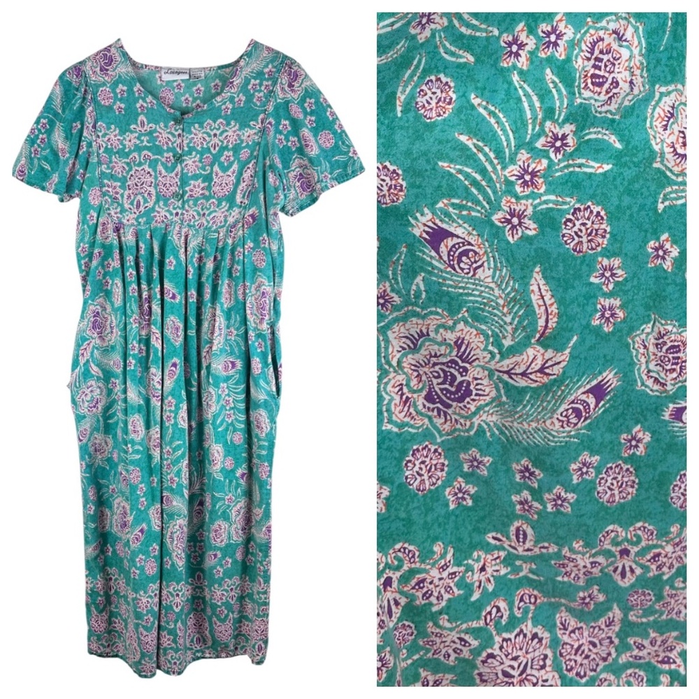 Loungees Sz Small House Patio Dress Mumu Kaftan Teal Vibrant Pockets Midi Floral